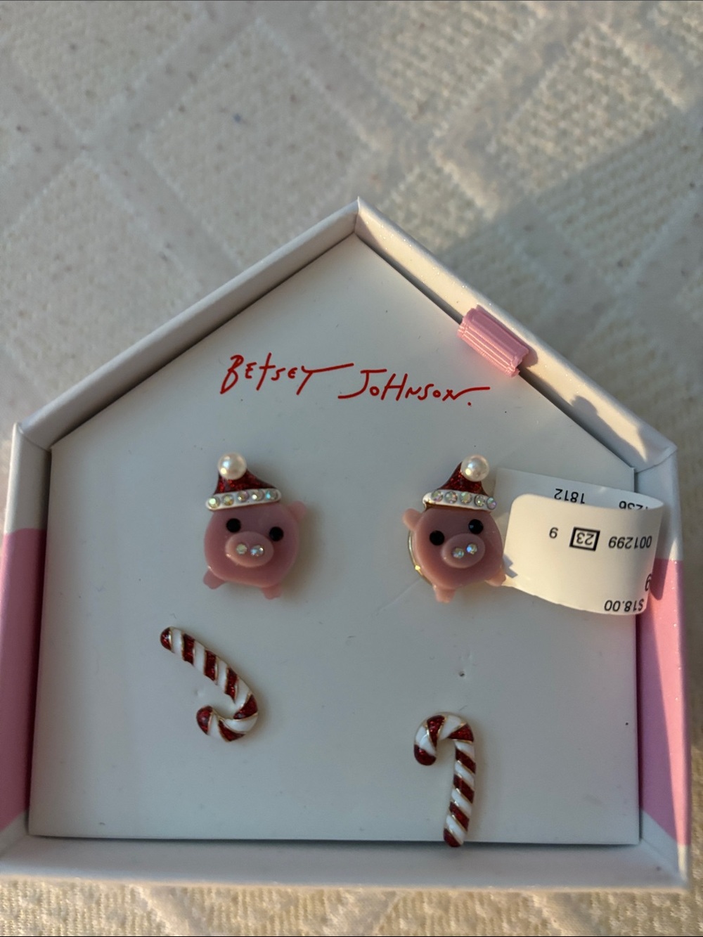 Betsey Johnson Pink Piglet and Red-White Candy Cane Kids Earring Set